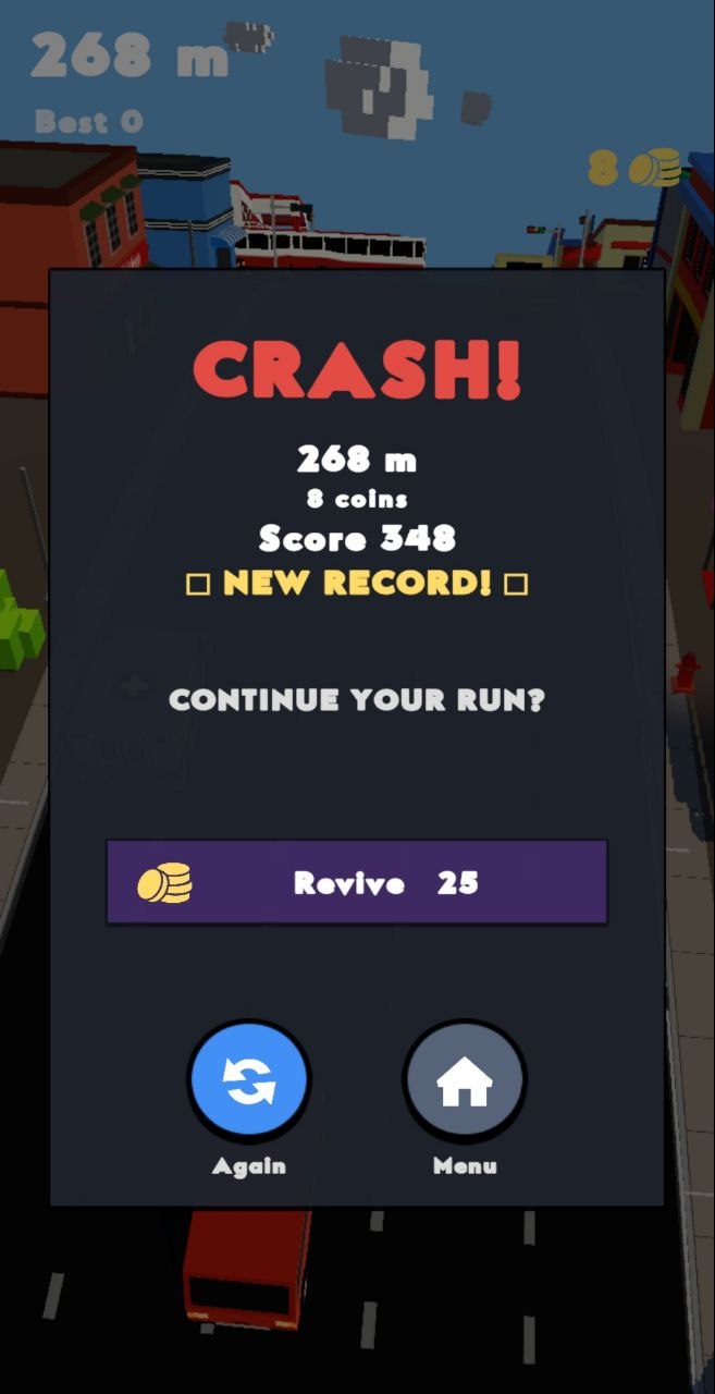 Crash screen: score, new record, revive for coins
