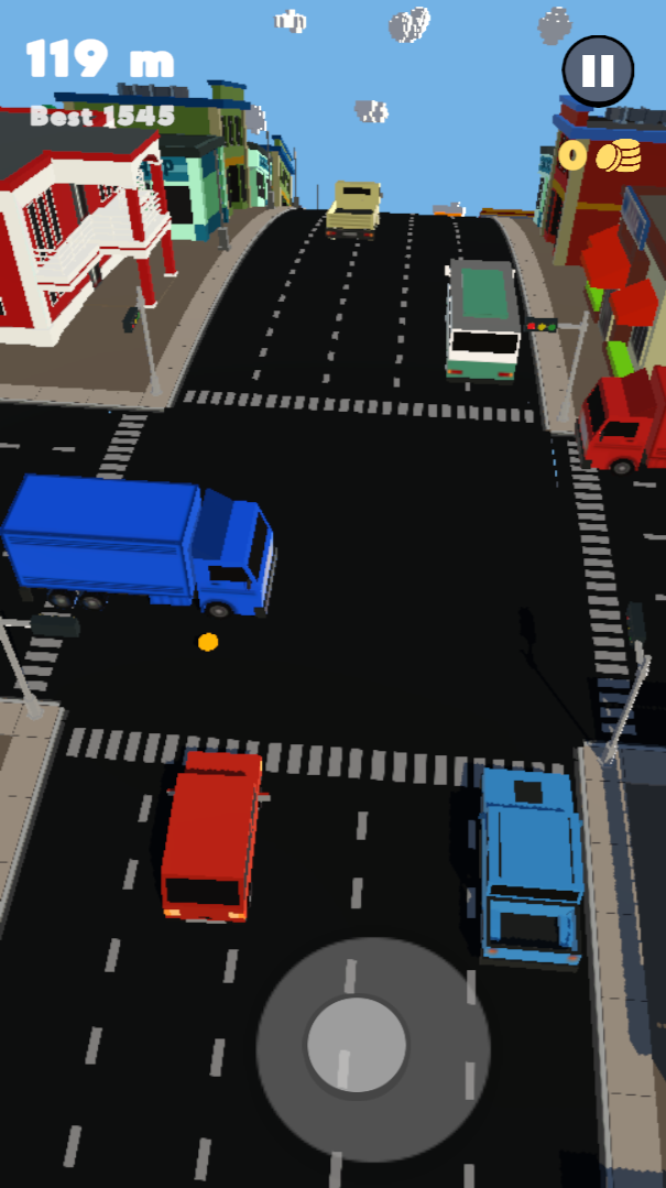 A junction: cross traffic and a lane-blocking truck, with one lane always open
