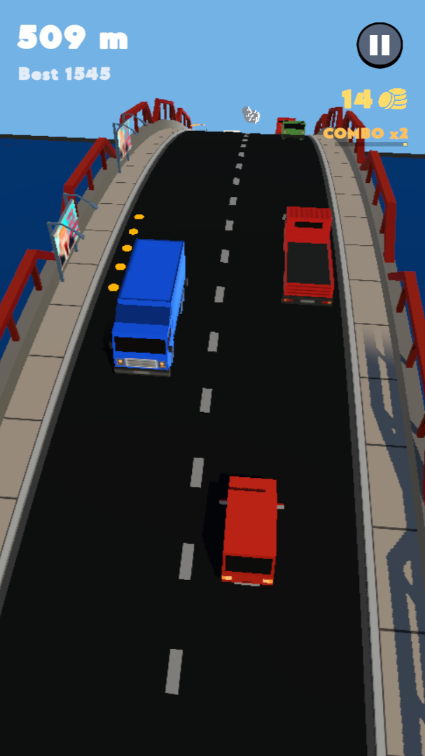 A bridge chunk with a coin trail and a x2 near-miss combo