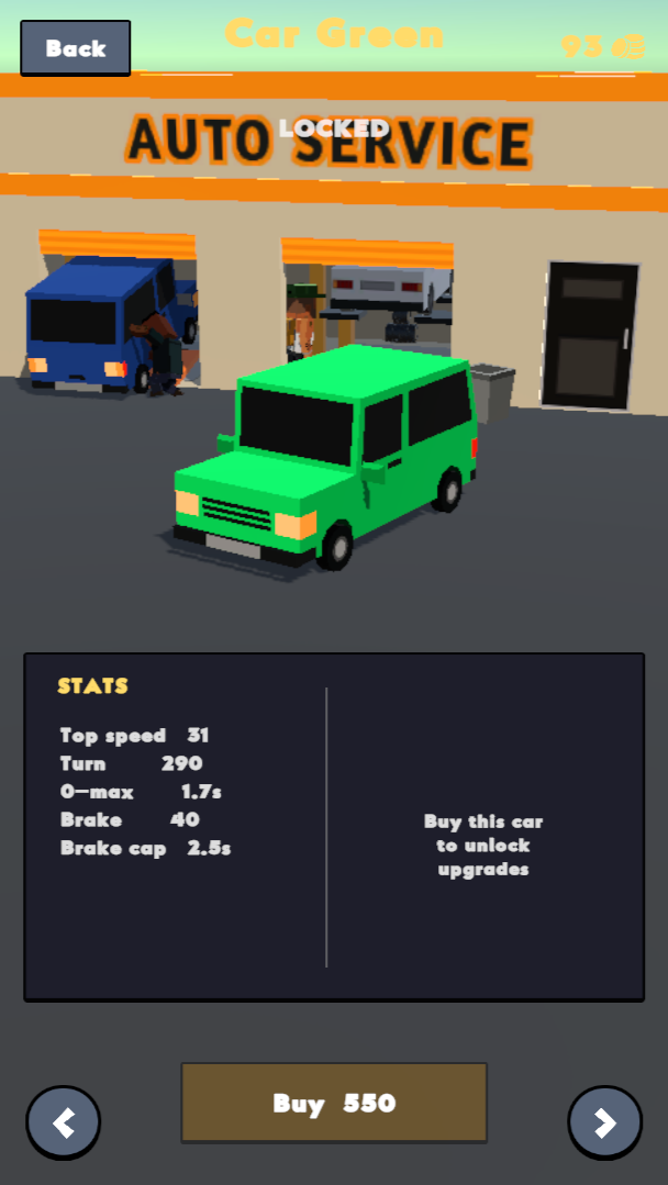 Garage: stats per car, coin price, upgrades after purchase