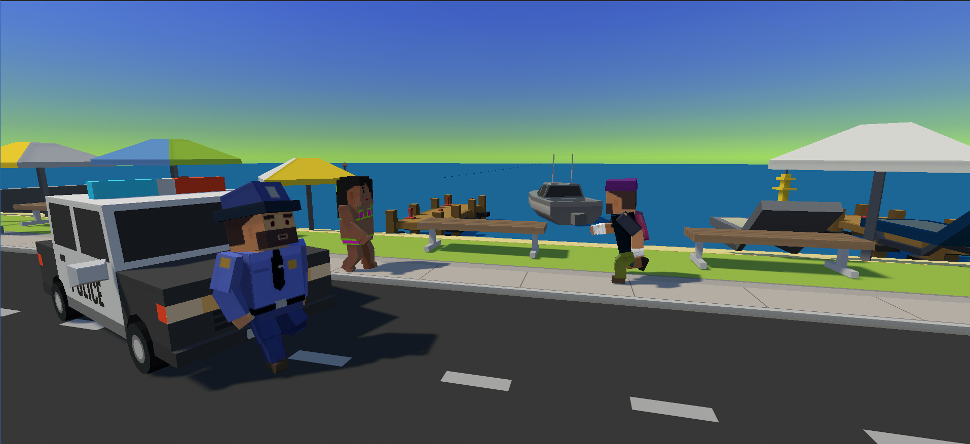 LoosyWheels: a police car and pedestrians on the seaside road