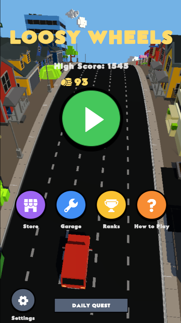 Start screen: store, garage, ranks, how to play and the daily quest