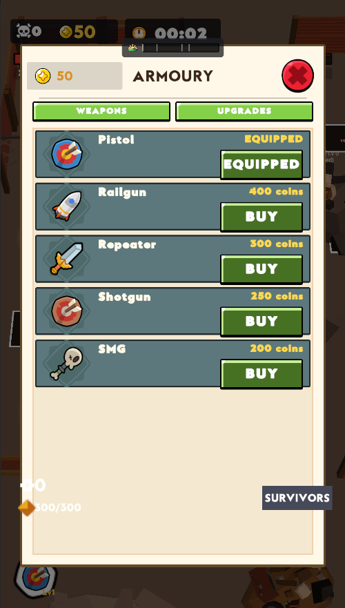 The Armoury: buy a weapon with coins, equip one, and upgrade it from the Upgrades tab