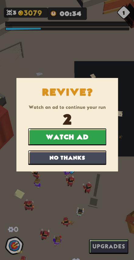 Revive prompt: watch an ad to continue your run